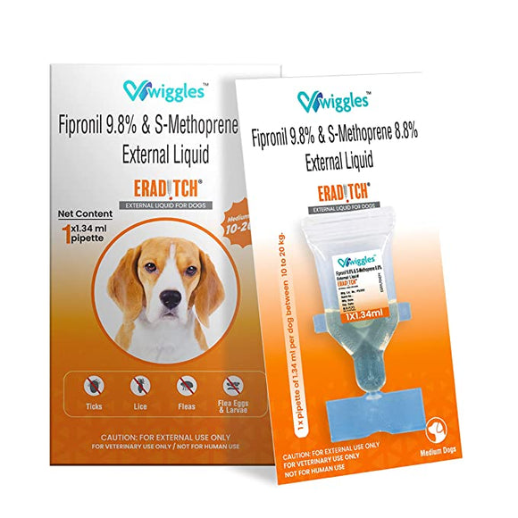 WIGGLES Eraditch Spot on for Dogs (10-20 kg) Fleas Ticks Remover Treatment Drops, 1.34ml - Lice Prevention Heartworm Control Medicine