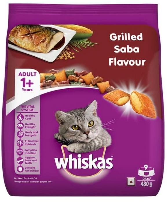 Whiskas Dry Cat Food for Adult Cats (1+ Years), Grilled Saba Flavour