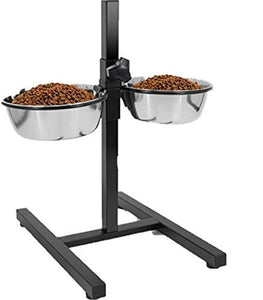 Pawzy Adjustable Stainless Steel Double Diner Stand Food Feeding Dog Bowls (Black, 900ml x 2)