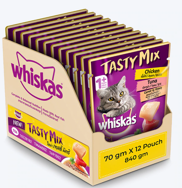 Whiskas Adult Tasty Mix Wet Cat Food Made With Real Fish, Chicken With Tuna And Carrot in Gravy - 70 g (Pack Of 12)